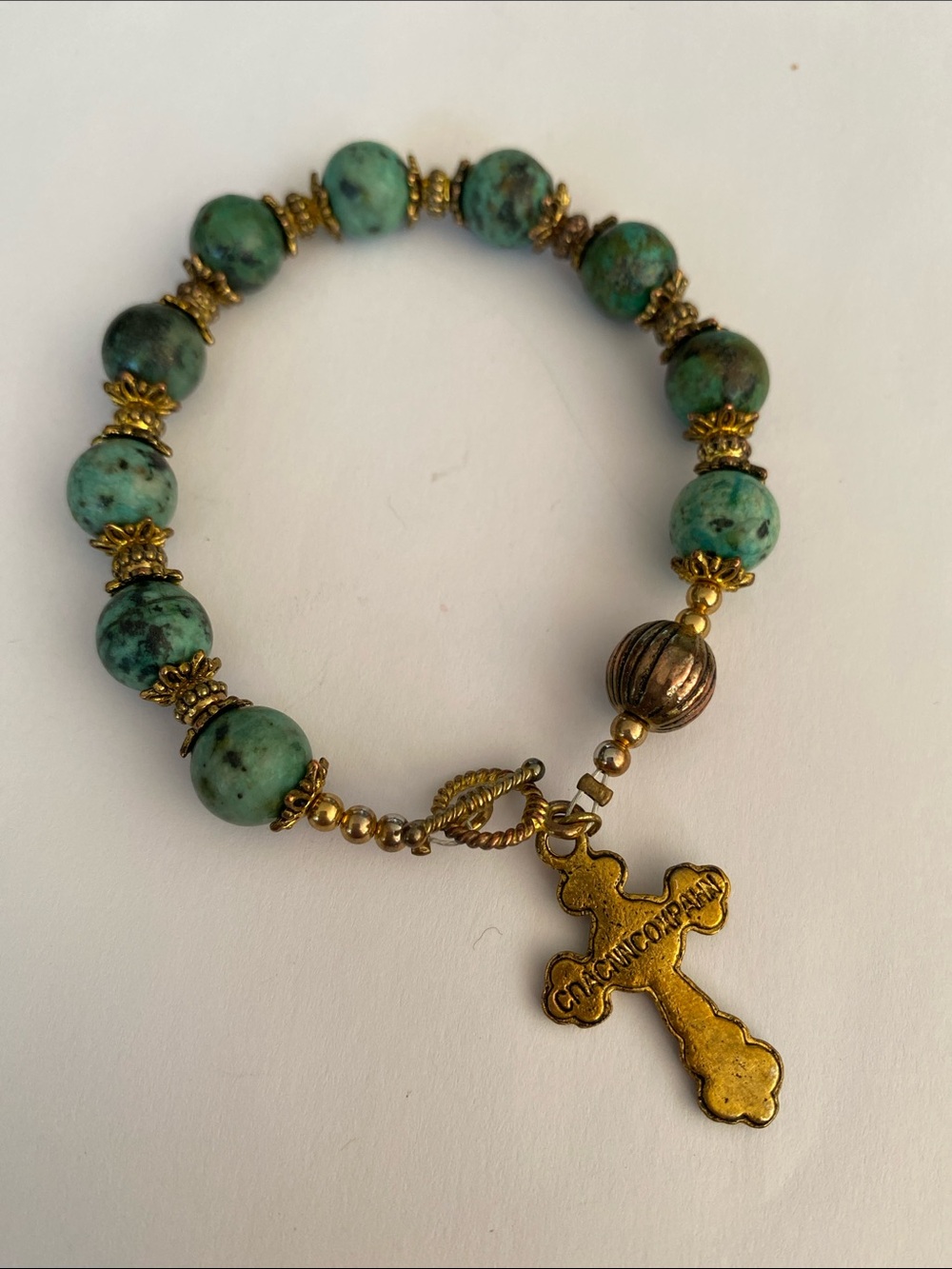 African Turquoise stone Russian save & protect Bead Gold Cross Bracelet